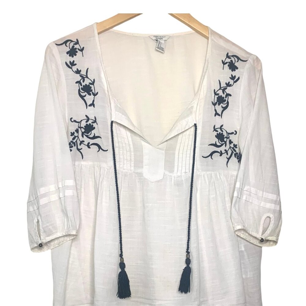 Flowy White Blouse, Embroidered, Tassels, Sm